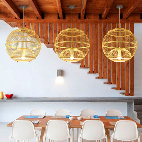 Modern Bamboo Globe Pendant Ceiling Light In Beige