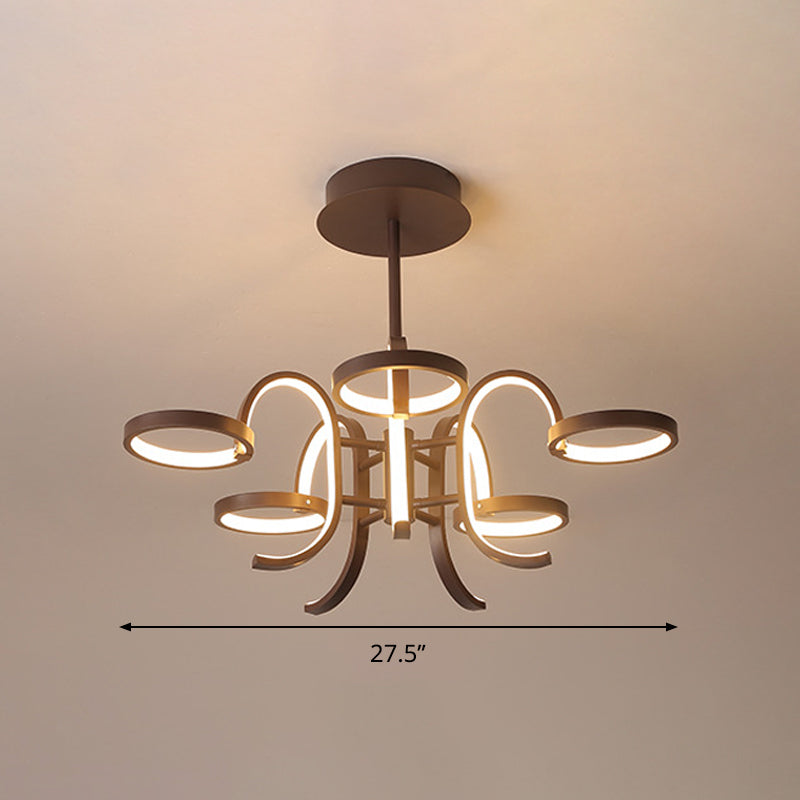 Modern Black Metal Chandelier Lighting - 5/6 Curve Arm Pendant Light In Warm/White