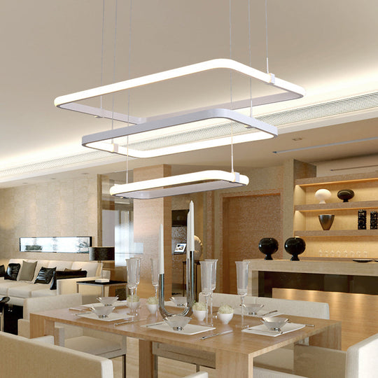 Minimalist White Led Pendant Light Kit - Rectangle Metal Hanging Chandelier With Warm/White / Warm