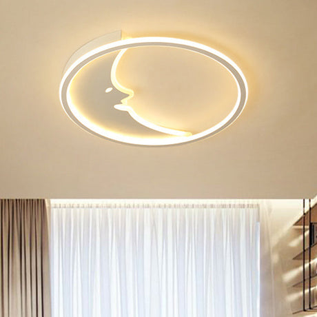 Led Simple White Flush Mount Bedroom Lighting With Moon Acrylic Shade - Warm/White Light Remote