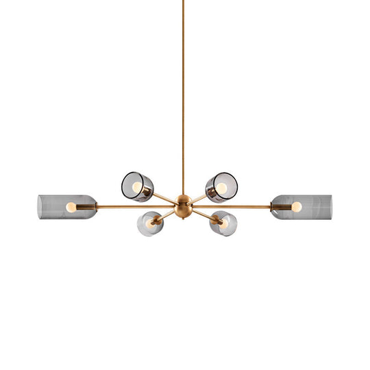 Modern Smoke Grey Tulip Glass Chandelier - 6-Light Dining Room Hanging Lamp With Gold Burst Arm