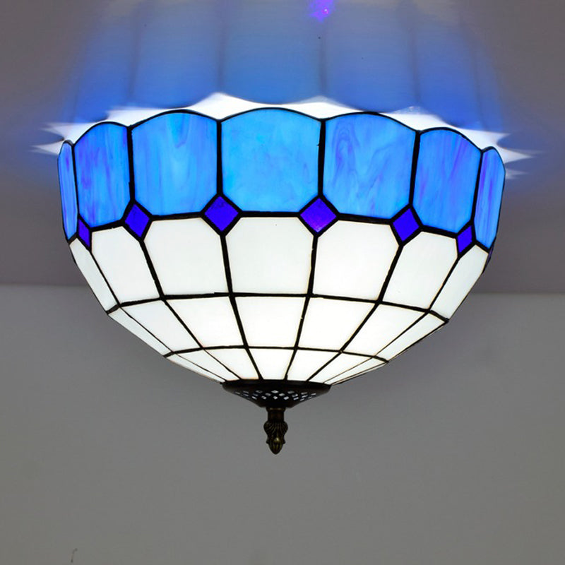 Traditional Blue/Yellow Stained Glass Shade Flush Mount Lamp - 2 Heads Ceiling Fixture For Bedroom