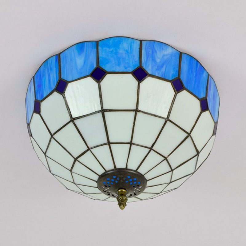 Traditional Blue/Yellow Stained Glass Shade Flush Mount Lamp - 2 Heads Ceiling Fixture For Bedroom