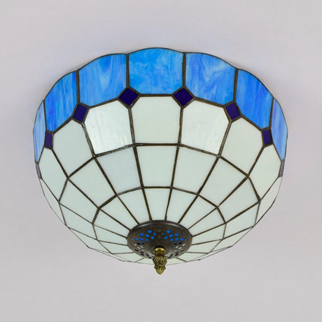 Traditional Blue/Yellow Stained Glass Shade Flush Mount Lamp - 2 Heads Ceiling Fixture For Bedroom
