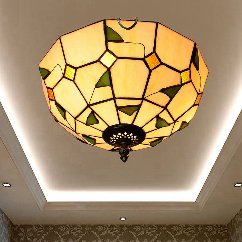12’/16’ White Dome Tiffany Ceiling Lamp - Multicolored Stained Glass 2/3 Bulbs Flush Mount Lighting