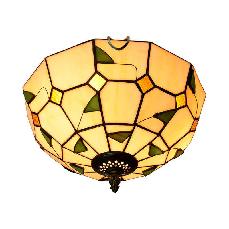12’/16’ White Dome Tiffany Ceiling Lamp - Multicolored Stained Glass 2/3 Bulbs Flush Mount Lighting