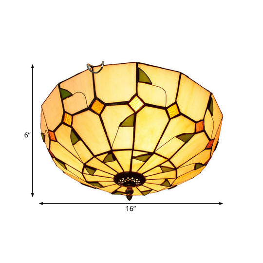 12’/16’ White Dome Tiffany Ceiling Lamp - Multicolored Stained Glass 2/3 Bulbs Flush Mount Lighting