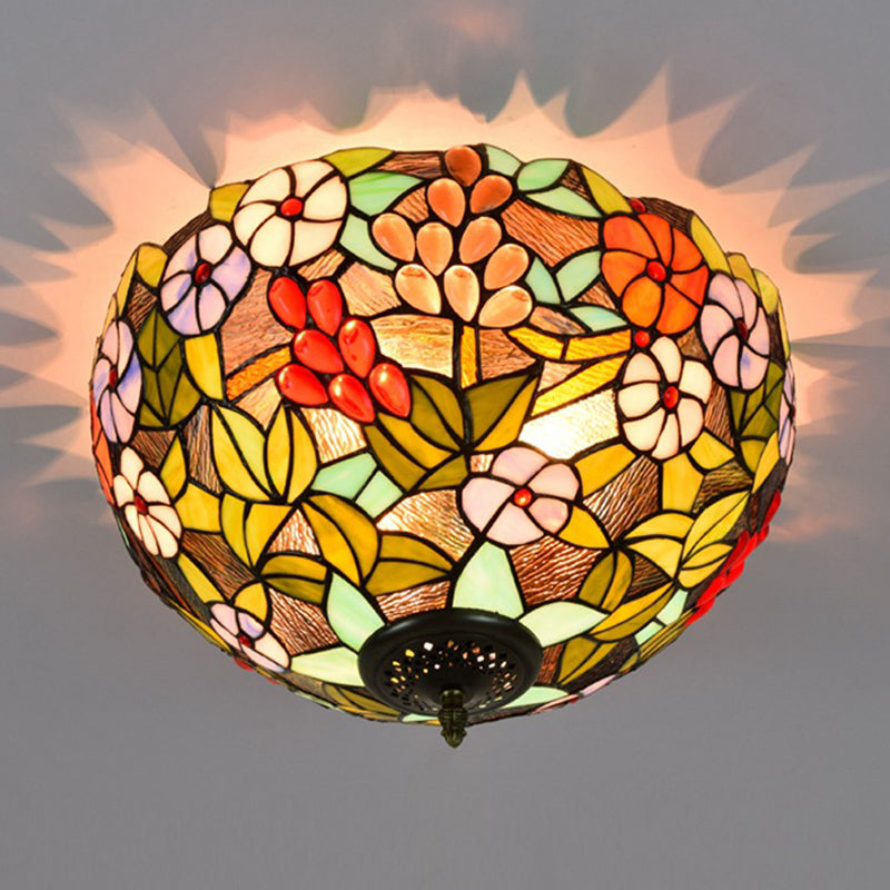 Flower Ceiling Lighting Tiffany Brass Flush Mount Light For Hallway - 2/3 Lights 12’/16’ Wide