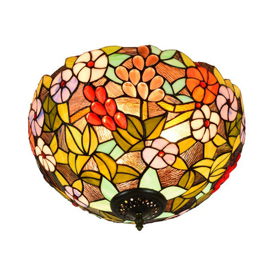 Flower Ceiling Lighting Tiffany Brass Flush Mount Light For Hallway - 2/3 Lights 12’/16’ Wide