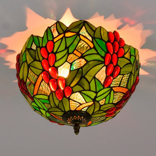 Tiffany-Style Leafy Ceiling Flush Mount Light Fixture - 2/5 Heads Bronze 12/16.5 Width