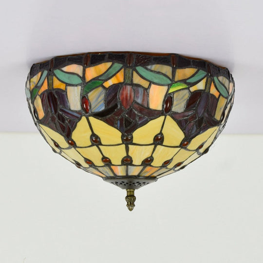Tiffany 2-Light Stained Glass Floral Ceiling Fixture – Brass Flush Mount For Bedroom