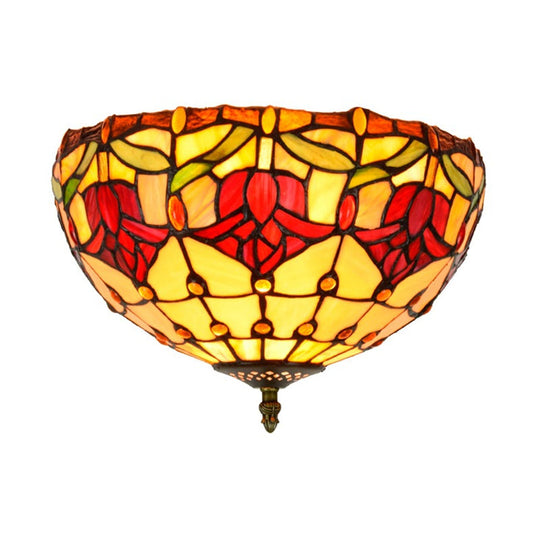 Tiffany 2-Light Stained Glass Floral Ceiling Fixture Brass Flush Mount For Bedroom