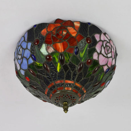 Tiffany Stained Glass Flush Mount Ceiling Light - Multicolored Brass Blossom Fixture 2 Bulb