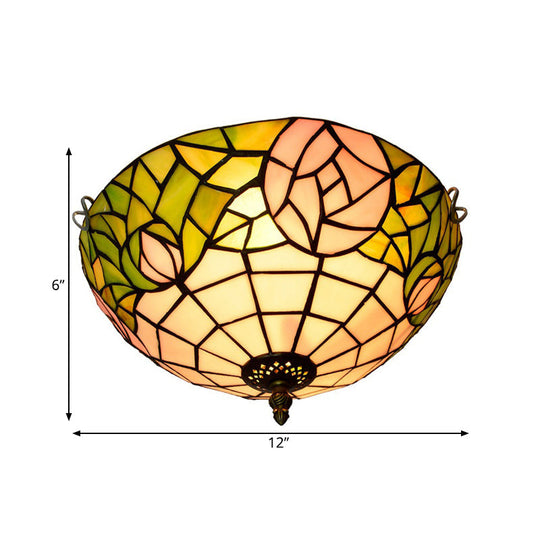 2-Head Tiffany-Style Stained Glass Rose Ceiling Flush Mount For Bedroom