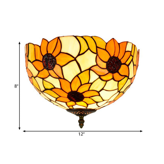 Sunflower Stained Glass Ceiling Fixture - Tiffany 2/3 Lights Yellow & Green Flushmount Lamp