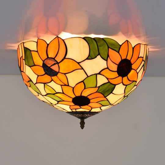 Sunflower Stained Glass Ceiling Fixture - Tiffany 2/3 Lights Yellow & Green Flushmount Lamp