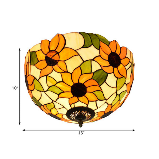 Sunflower Stained Glass Ceiling Fixture - Tiffany 2/3 Lights Yellow & Green Flushmount Lamp