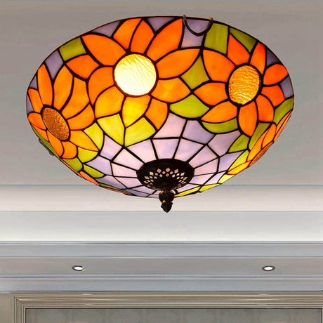 Blue/White Sunflower Tiffany Stained Glass Flush Mount Ceiling Light With 2/3 Bulbs - 12/16 W