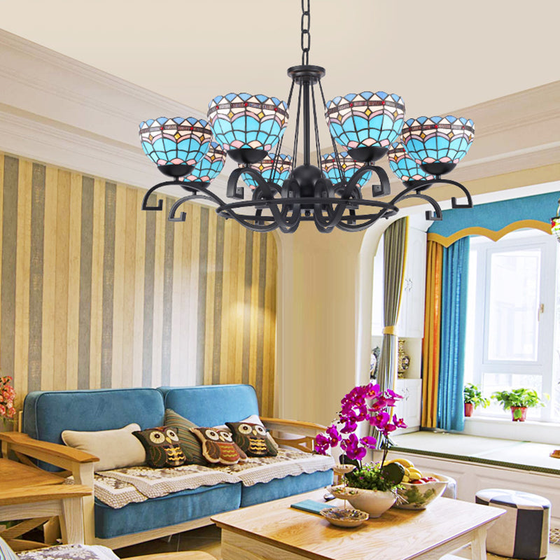 Dome Hanging Chandelier With Blue And Clear Glass Baroque Design - 3/6/8 Lights Perfect For Living