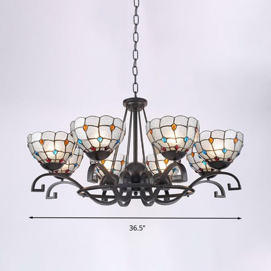 Tiffany Chandelier Light With Gem And Pearl Details Frosted Glass Suspension Fixture In Black -