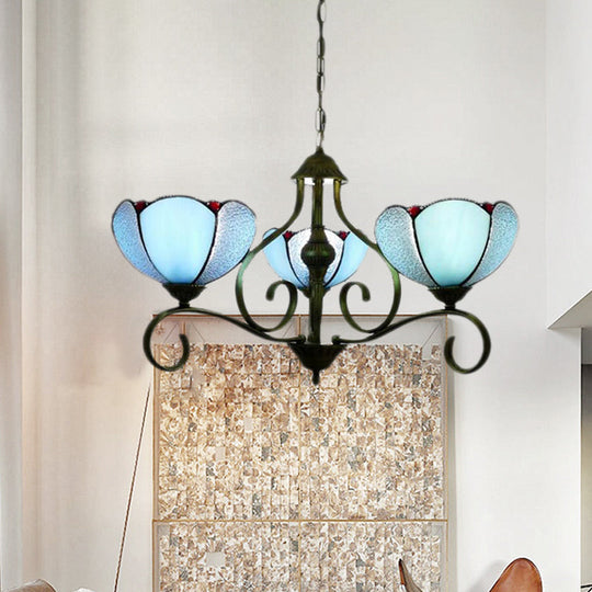 Scalloped Tiffany Chandelier: Yellow/Blue Stained Glass 3/6/8 Lights Hanging Fixture 3 / Blue