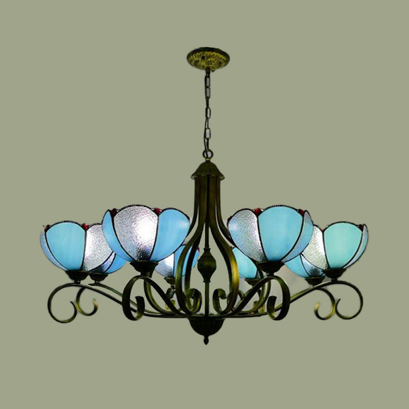 Scalloped Tiffany Chandelier: Yellow/Blue Stained Glass 3/6/8 Lights Hanging Fixture 8 / Blue