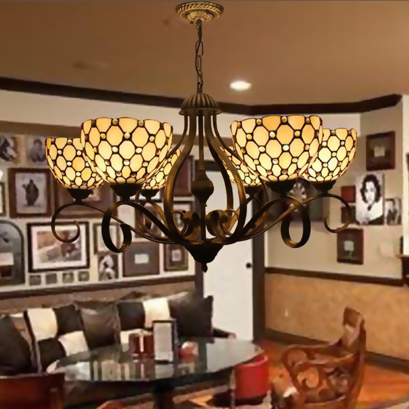Mediterranean Stained Glass Pendant Chandelier With Jeweled Beige Finish - Available In 3 Sizes And