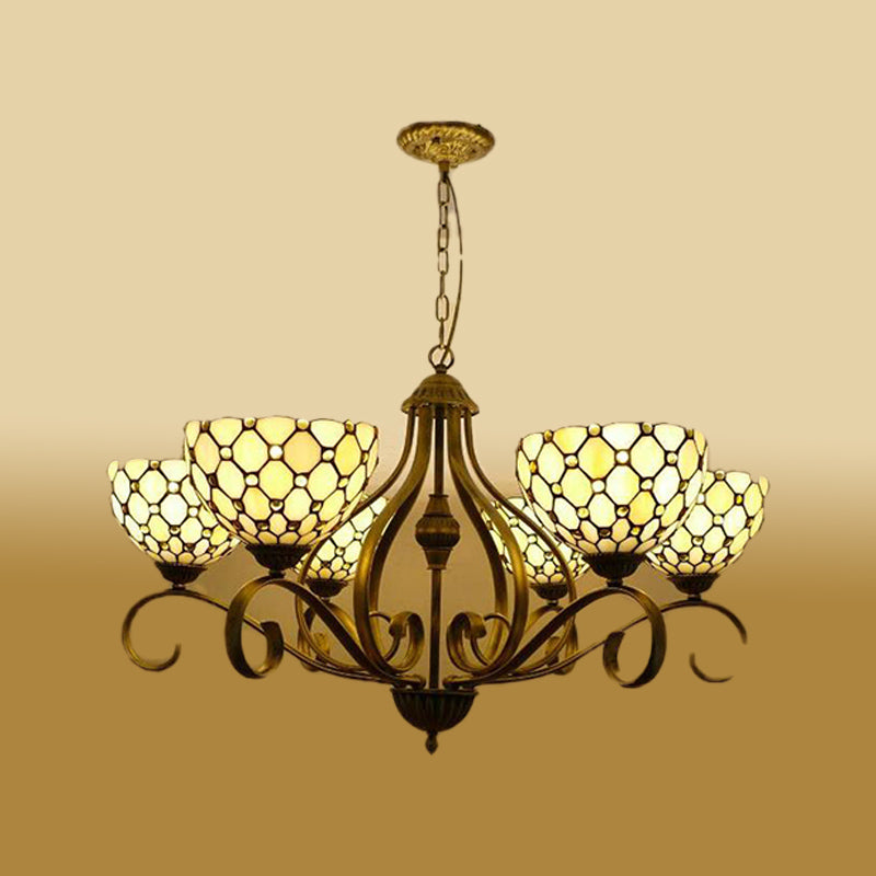 Mediterranean Stained Glass Pendant Chandelier With Jeweled Beige Finish - Available In 3 Sizes And