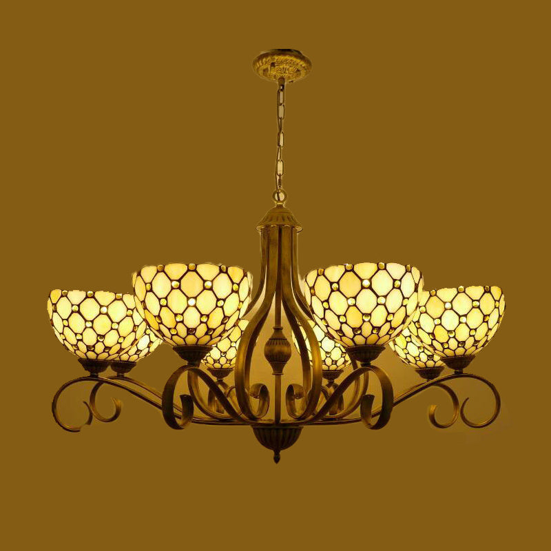 Mediterranean Stained Glass Pendant Chandelier With Jeweled Beige Finish - Available In 3 Sizes And