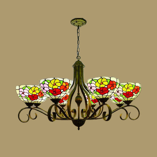 Mediterranean Stained Glass Ceiling Chandelier With Flower Design - Antique Brass Pendant Light