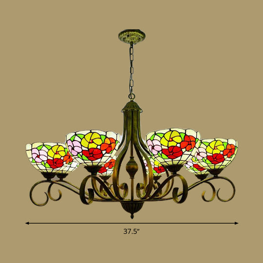 Mediterranean Stained Glass Ceiling Chandelier With Flower Design - Antique Brass Pendant Light