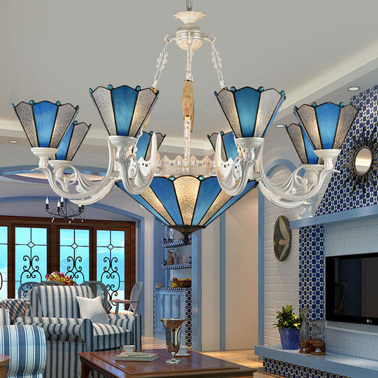 Frosted Blue Conical Glass Chandelier Lamp - Baroque Design With 3/9/11 Lights Elegant Cream
