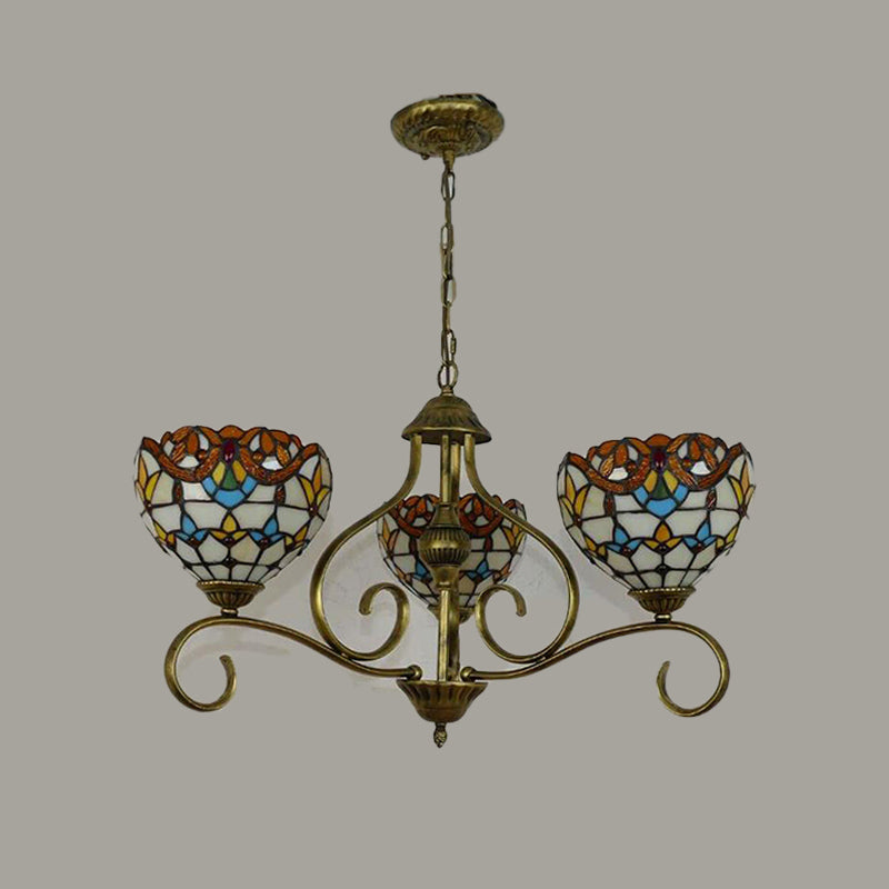Stained Glass Tiffany Pendant Chandelier With Domed Shape - Antique Brass Finish 3/6/8 Lights 3 /