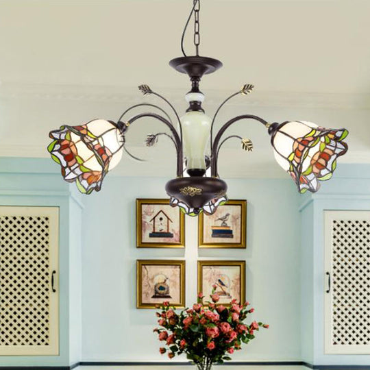 Tiffany Style Art Glass Pendant Chandelier With Floral Design & Bronze Finish For Bedroom - 3/6/8