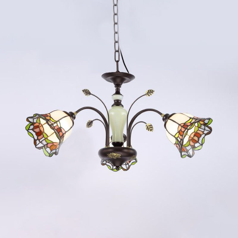 Floral Tiffany-Style Stained Art Glass Bronze Chandelier - Bedroom Pendant Light Fixture