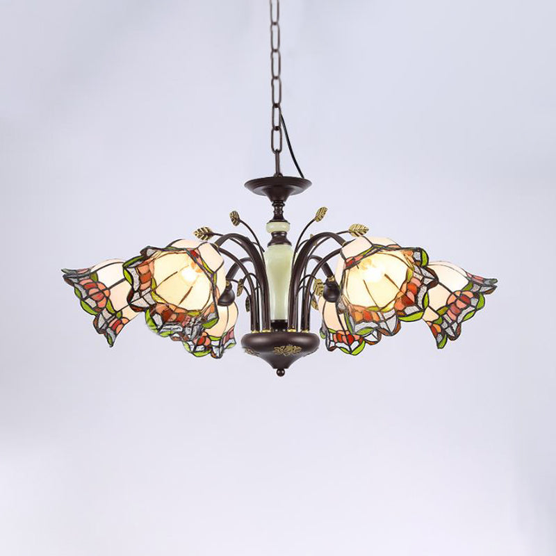 Tiffany Style Art Glass Pendant Chandelier With Floral Design & Bronze Finish For Bedroom - 3/6/8