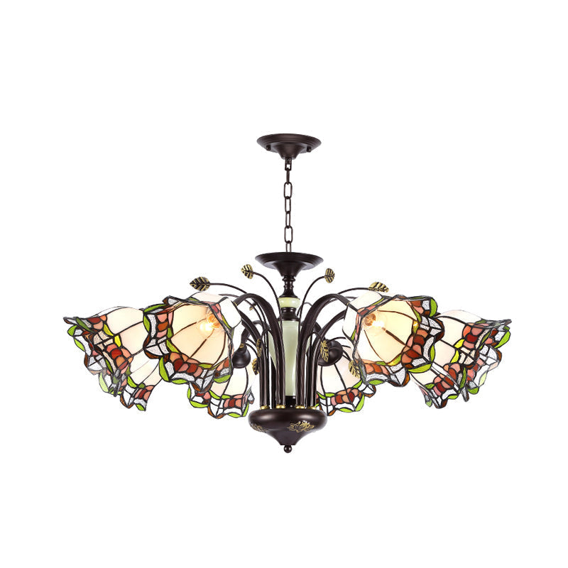 Tiffany Style Art Glass Pendant Chandelier With Floral Design & Bronze Finish For Bedroom - 3/6/8