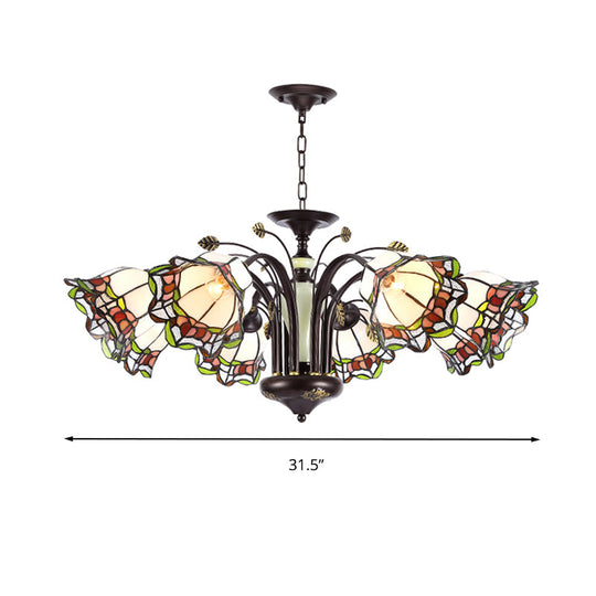 Tiffany Style Art Glass Pendant Chandelier With Floral Design & Bronze Finish For Bedroom - 3/6/8