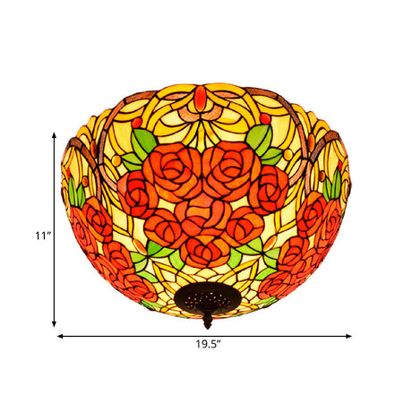 Tiffany Rose/Grape Flush Mount Lamp - Bronze Finish Stained Glass 5 Bulbs Close To Ceiling Lighting