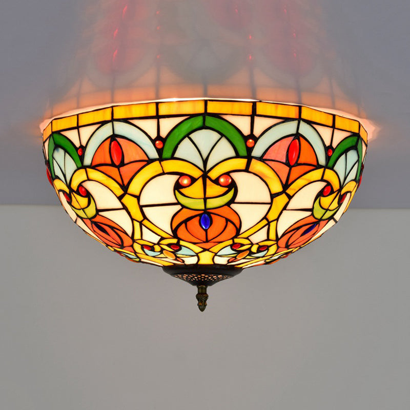 Baroque Bronze Stained Glass Dome Ceiling Lamp – 3-Light Flush Mount For Kitchen