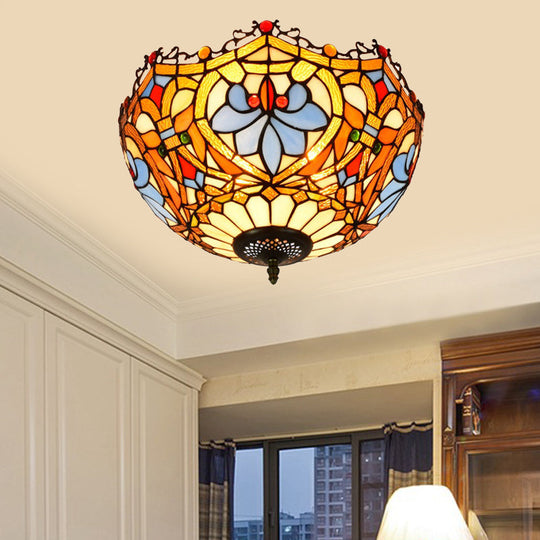 Blue Hand Cut Glass Ceiling Mount Light Scalloped Baroque Design 12’/16’ Width 2/3 Lights / 16’