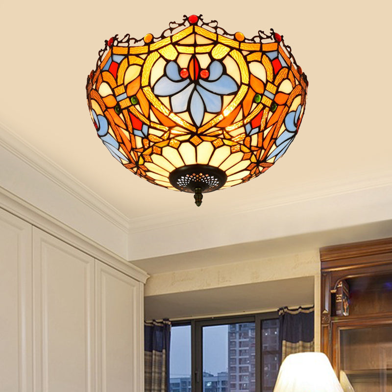 Blue Hand Cut Glass Ceiling Mount Light Scalloped Baroque Design 12/16 Width 2/3 Lights / 16
