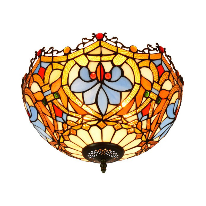 Blue Hand Cut Glass Ceiling Mount Light Scalloped Baroque Design 12/16 Width 2/3 Lights