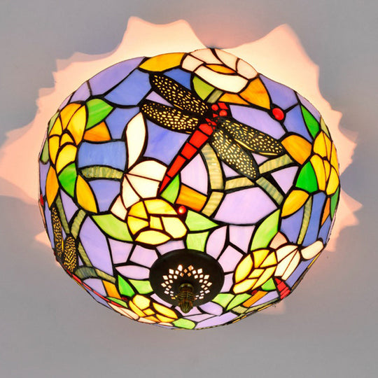Tiffany Dragonfly Flush Mount - Handcrafted Stained Glass Ceiling Lamp With Brass Finish