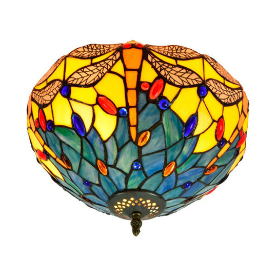 Tiffany Dragonfly Flush Mount - Handcrafted Stained Glass Ceiling Lamp With Brass Finish