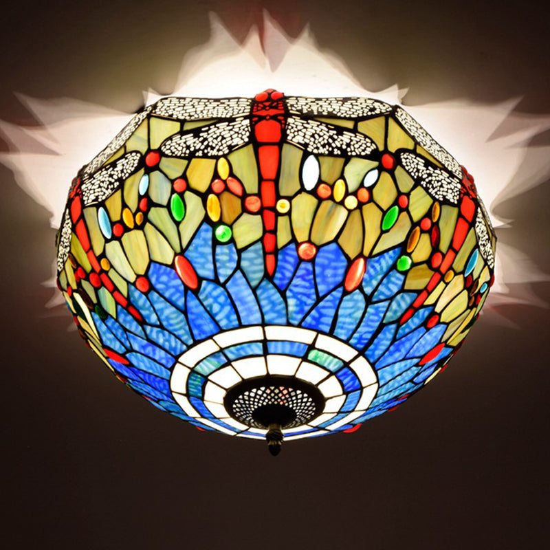 Tiffany Dragonfly Stained Glass Ceiling Lamp - Flush Mount Fixture In Red/Yellow/Orange Perfect For