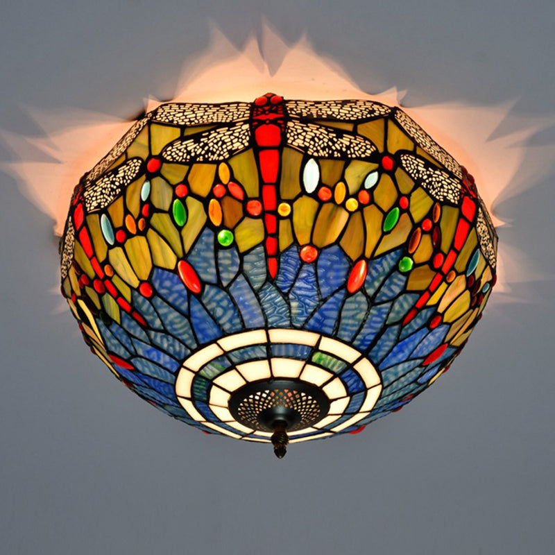 Tiffany Dragonfly Stained Glass Ceiling Lamp - Flush Mount Fixture In Red/Yellow/Orange Perfect For