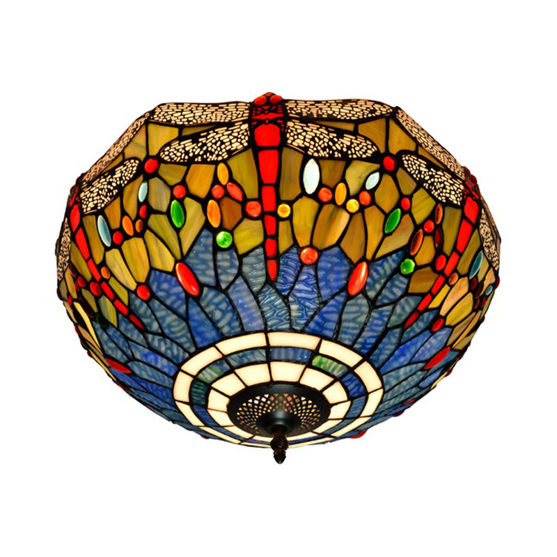 Tiffany Dragonfly Stained Glass Ceiling Lamp - Flush Mount Fixture In Red/Yellow/Orange Perfect For
