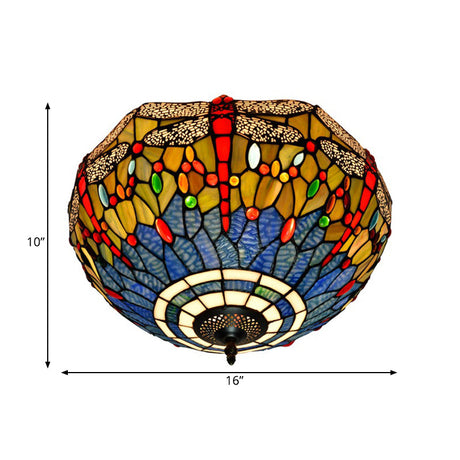 Tiffany Dragonfly Stained Glass Ceiling Lamp - Flush Mount Fixture In Red/Yellow/Orange Perfect For