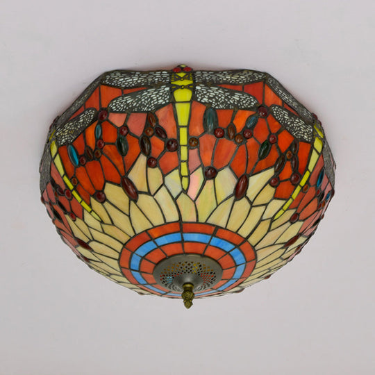 Tiffany Dragonfly Stained Glass Ceiling Lamp - Flush Mount Fixture In Red/Yellow/Orange Perfect For